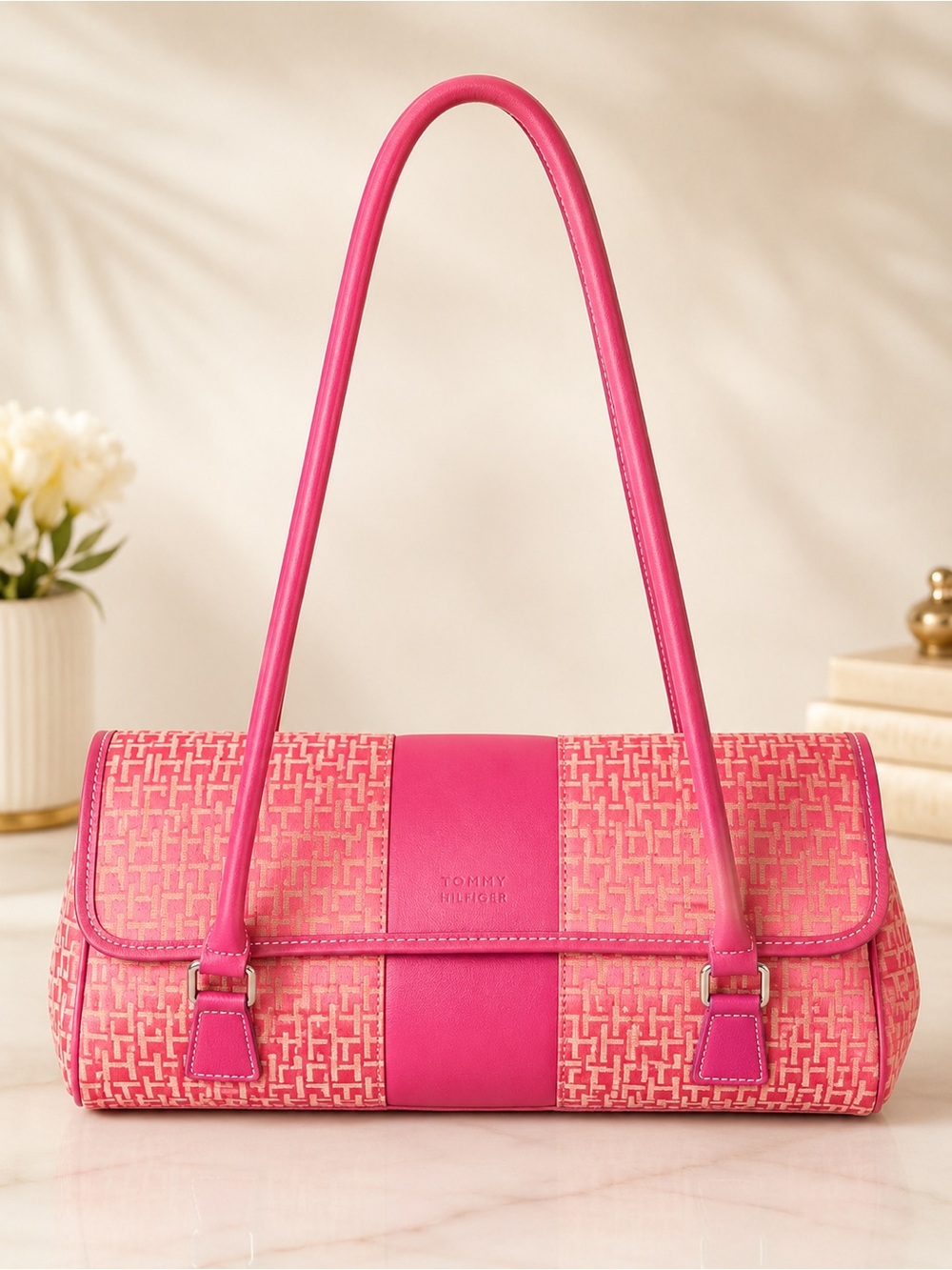 Vintage Tommy Hilfiger Y2K Pink Monogram Jacquard Baguette Shoulder Bag Log bag